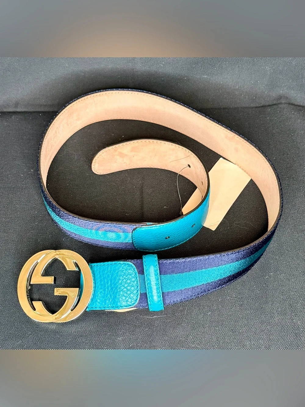 Gucci Blue/Navy Striped Web Belt w/ Gold GG Buckle (80 cm)